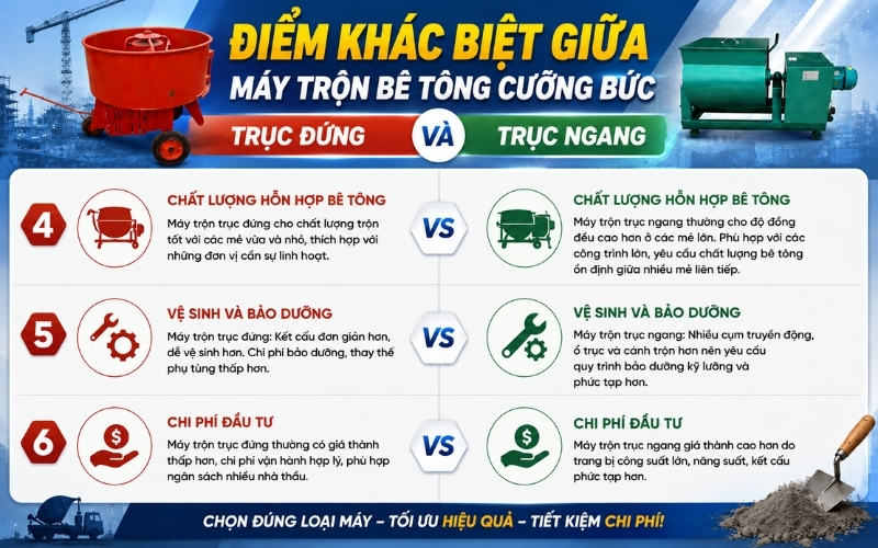 Điểm khác biệt giữa máy trộn bê tông cưỡng bức trục đứng và trục ngang